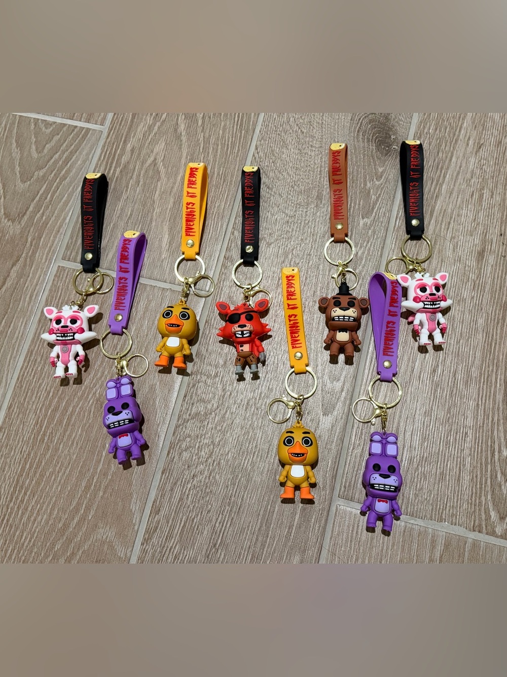 Kids Character Wrist Keychain Set - Pink, Purple, Yellow, Brown, Red
